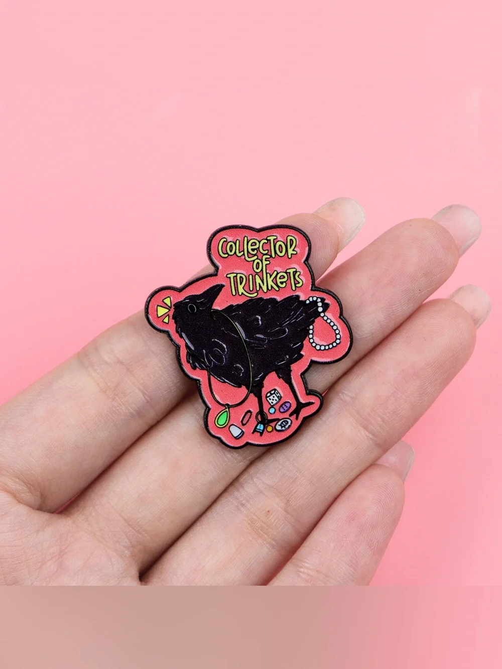 Collector of Trinkets Crow Enamel Pin – Cute Raven Trinket Collector Lapel Pin